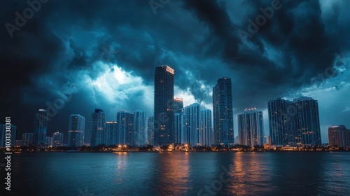 Dark clouds loom over Miami's skyline as hurricane approaches, creating an eerie calm before the storm strikes photo