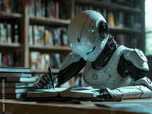 A hyper-realistic image of a humanoid robot in a school uniform, sitting alone at a desk, writing on paper with a stack of books beside it.