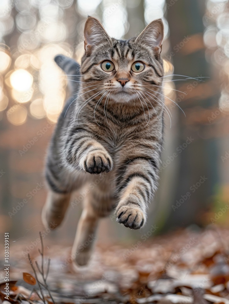 Fototapeta premium A cat leaps through the air, paws outstretched. AI.
