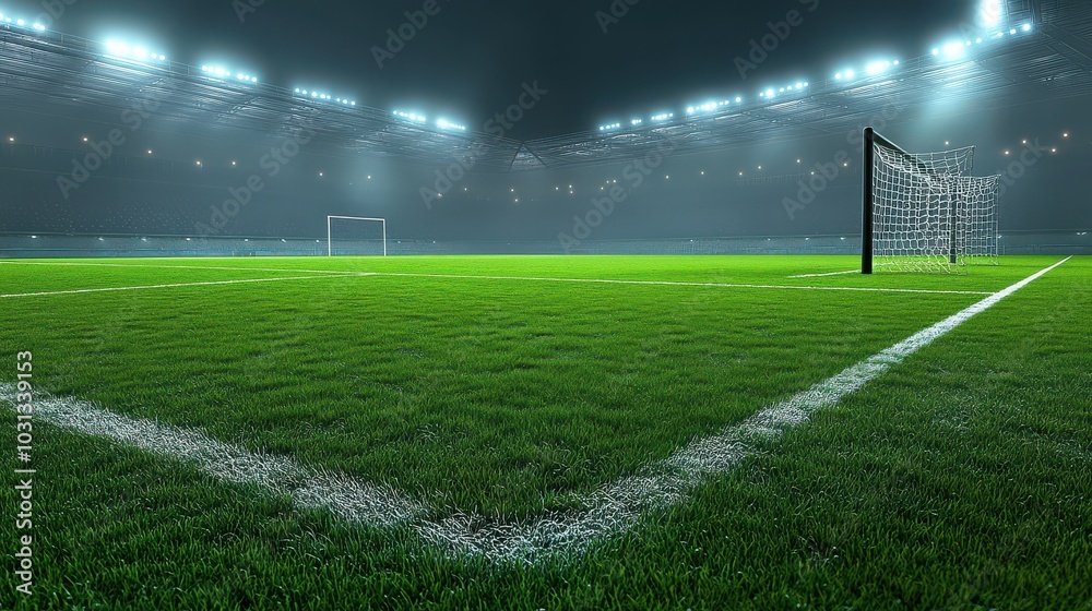 Empty Soccer Stadium Field at Night with Goal Empty Soccer Stadium Field at Night with Goal
