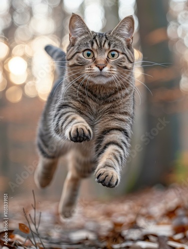 A cat leaps through the air, paws outstretched. AI.