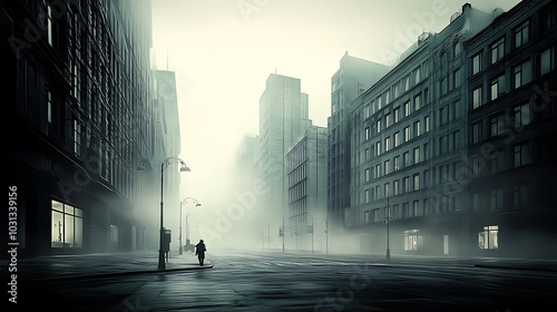 Buildings on both sides of a foggy city street. Muted Sin City style. AI generate image
