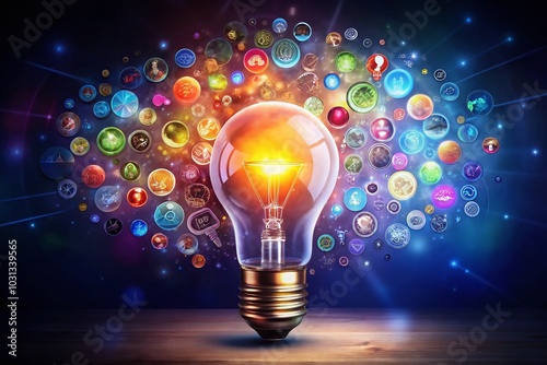 Creative Light Bulb with Diverse Icons and Symbols for Innovation and Ideas