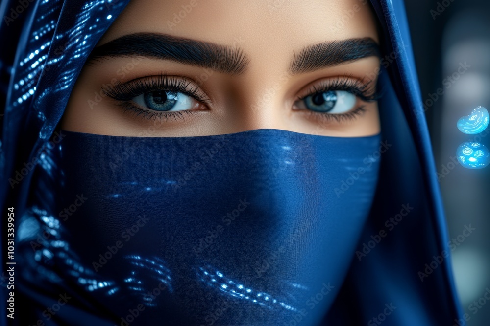 Niqab with augmented reality elements, displaying floating holographic patterns Niqab with augmented reality elements, displaying floating holographic patterns