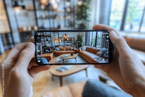 Person taking photo of living room interior with smartphone.
