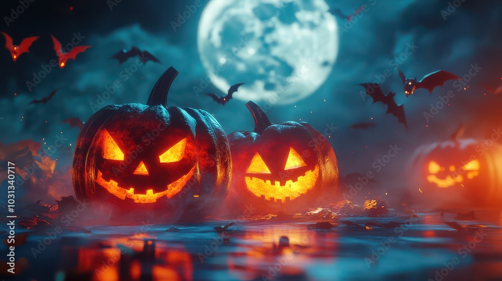 Spooky Halloween Pumpkins Under a Full Moon. Spooky Halloween Pumpkins Under a Full Moon.