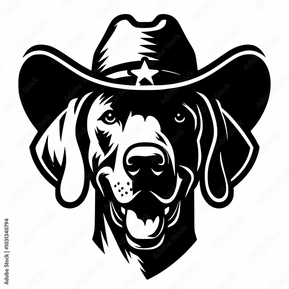 Weimaraner dog wearing a cowboy hat with a happy expression vector silhouette illustration, western dog design style element Weimaraner dog wearing a cowboy hat with a happy expression vector silhouette illustration, western dog design style element