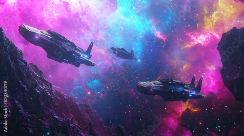 Wallpaper Mural A fleet of advanced spaceships navigates the colorful remnants of a supernova amidst vibrant cosmic dust Torontodigital.ca