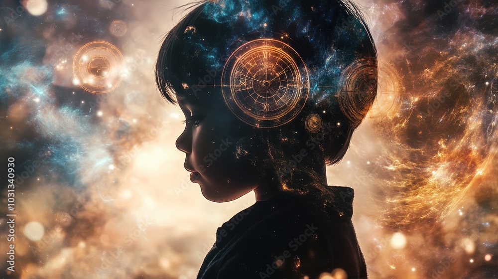 A child with the power to manipulate time, surrounded by swirling galaxies and intricate clock gears, showcasing limitless potential A child with the power to manipulate time, surrounded by swirling galaxies and intricate clock gears, showcasing limitless potential
