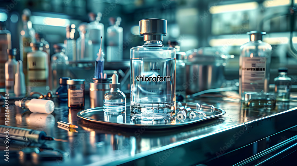 Close-up Photography of Sealed Airtight Medical Vial, Chloroform, and Crystal Clear Transparent Medicine Glass Bottle for Laboratory Use. Sealed and Airtight Bottles and Medical Applications.
