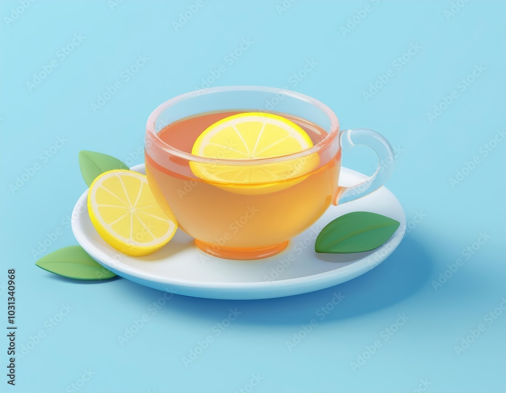 3D cup of tea with a lemon slice and a few leaves on a saucer 3D cup of tea with a lemon slice and a few leaves on a saucer