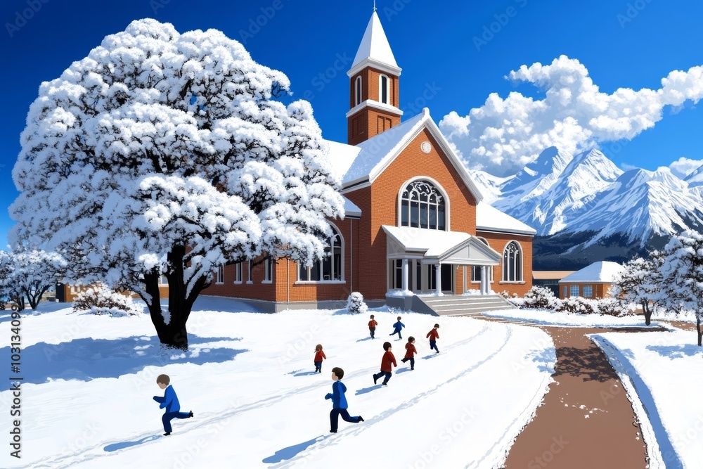 Obraz premium Pixel art schoolhouse surrounded by snow, with animated children running outside