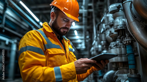 Worker in safety gear using...
