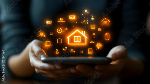 A person holding a smartphone with glowing smart home icons.