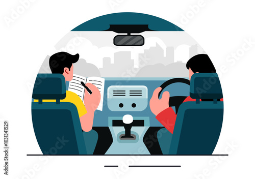 Driving School Vector Illustration Featuring the Educational Process of Car Training and Learning to Drive Obtain a Driver's License in a Background