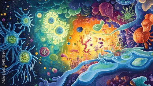 A vibrant cartoon depicting a protein's journey through a cell, interacting with various cellular components in an engaging environment photo
