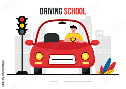 Driving School Vector Illustration Featuring the Educational Process of Car Training and Learning to Drive Obtain a Driver's License in a Background