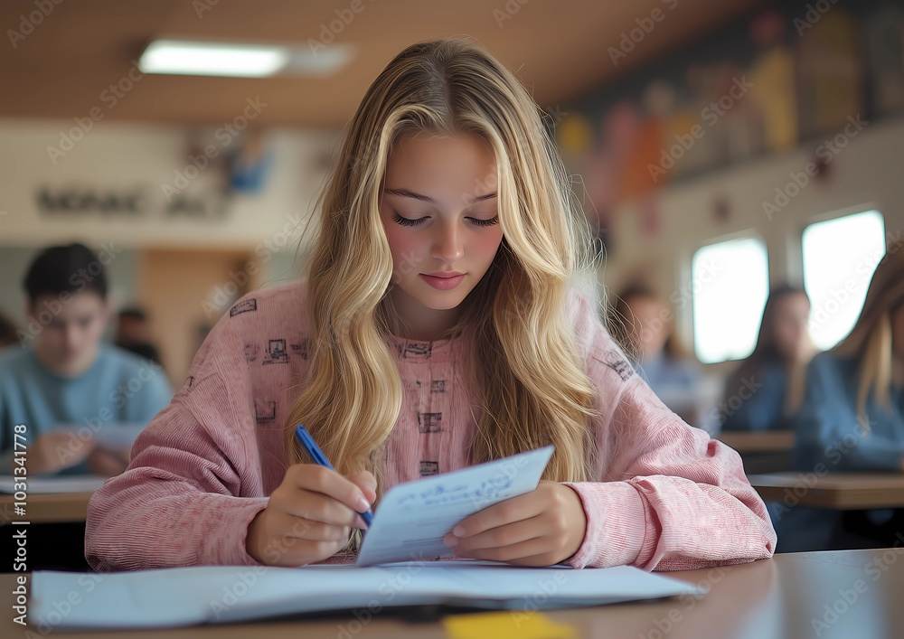 A blonde high school girl in a pink sweater is taking an exam at her desk, holding a pen and paper with writing on it A blonde high school girl in a pink sweater is taking an exam at her desk, holding a pen and paper with writing on it