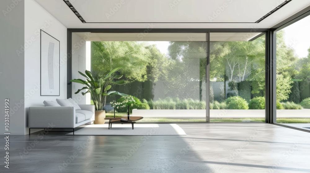 A large open living room with a white couch and a potted plant. The room is bright and airy, with a large window letting in plenty of natural light. The space feels clean and inviting A large open living room with a white couch and a potted plant. The room is bright and airy, with a large window letting in plenty of natural light. The space feels clean and inviting
