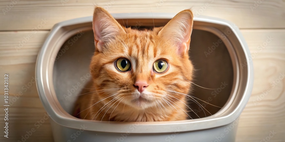 Curious Ginger Cat Peeking from Litter Box - Adorable Pet Portrait Photography Curious Ginger Cat Peeking from Litter Box - Adorable Pet Portrait Photography