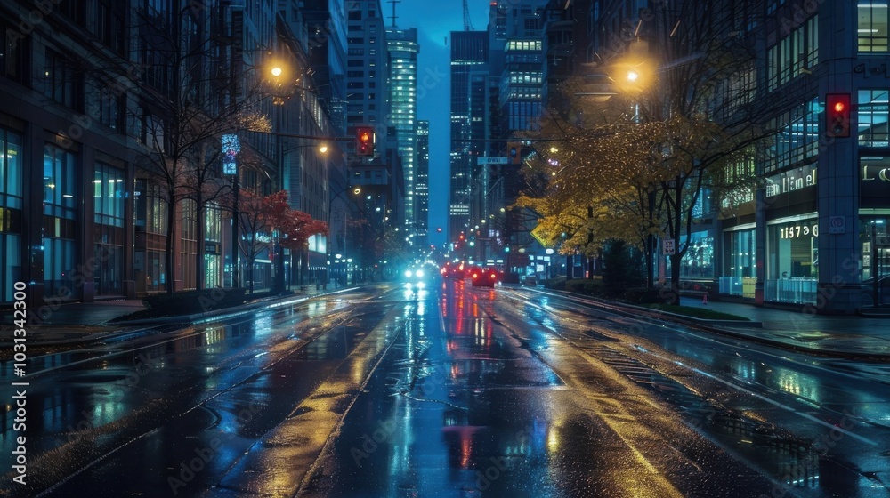 A city street at night with rain and cars. The street is wet and the lights from the cars and street lamps reflect on the water. The scene is dark and moody, with the rain adding to the atmosphere A city street at night with rain and cars. The street is wet and the lights from the cars and street lamps reflect on the water. The scene is dark and moody, with the rain adding to the atmosphere
