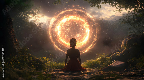 A girl sits in a serene for...