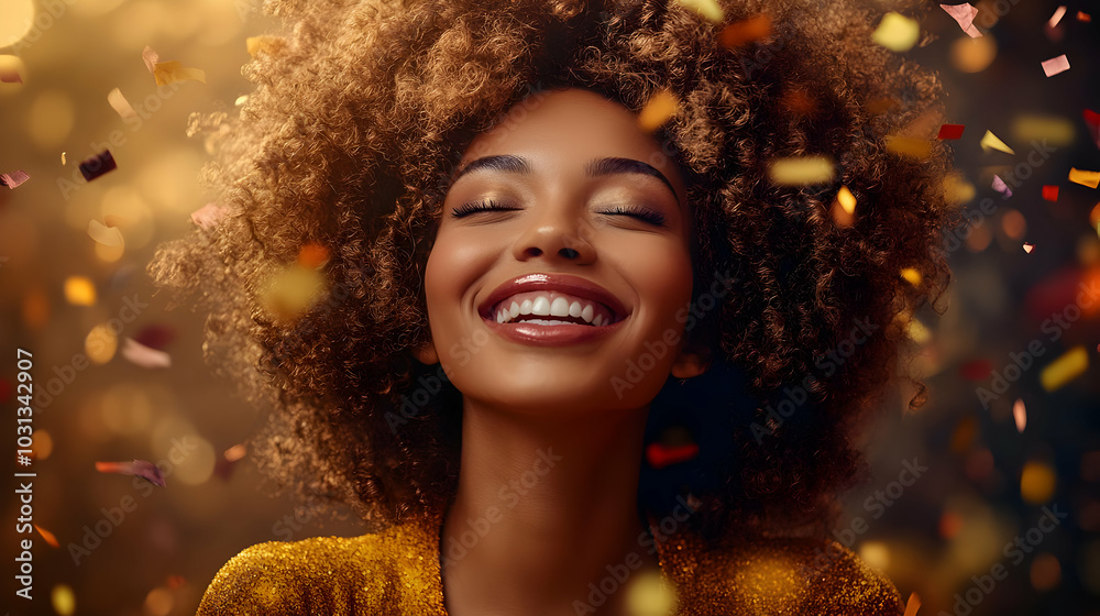 A joyful woman smiling amidst colorful confetti. A joyful woman smiling amidst colorful confetti.