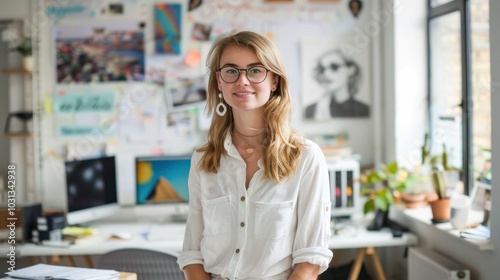 Creative office worker in a marketing agency showcases her workspace in a bright, modern setting during the day