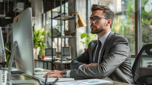 Focused office worker engaged in tasks at a modern corporate workspace during a busy day