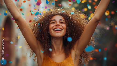 A joyful woman celebrating ...