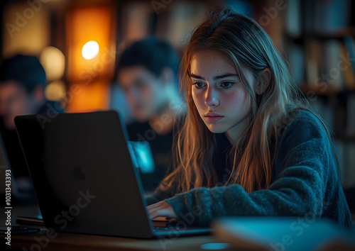 A long hair female student working on the laptop computer at college library