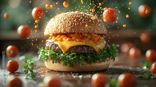 A delicious burger with che...