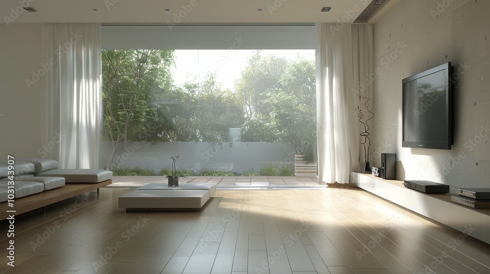 A large living room with a white wall and a large window. The room is filled with white furniture and a large flat screen TV. The room has a modern and clean look A large living room with a white wall and a large window. The room is filled with white furniture and a large flat screen TV. The room has a modern and clean look