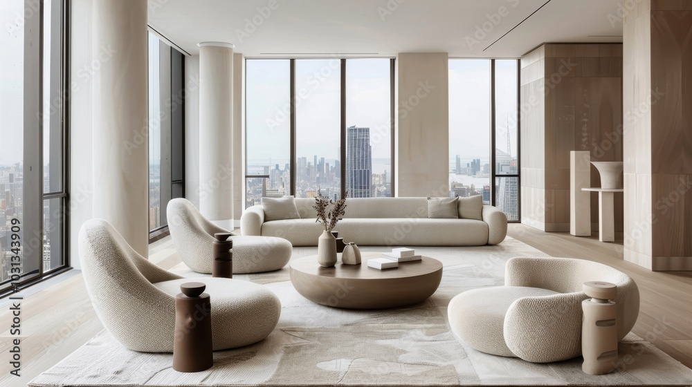 A large, open living room with a view of the city. The room is filled with white furniture, including a couch, chairs, and a coffee table. There are also several vases