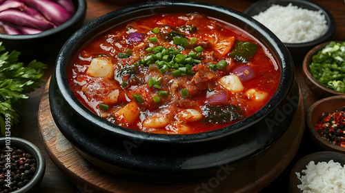 A vibrant bowl of spicy stew served with rice and fresh herbs.