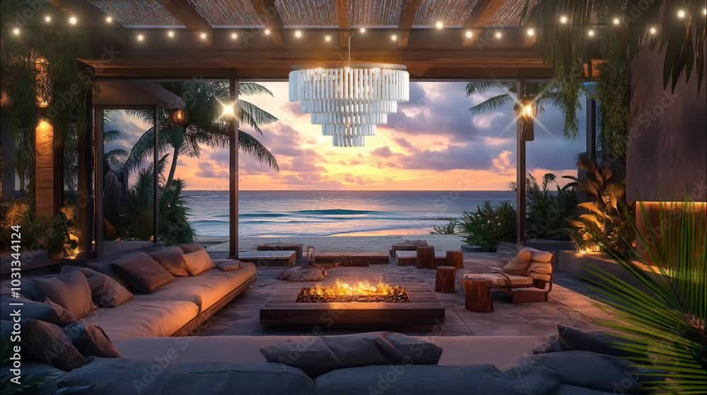 Luxury beachside lounge with firepit and ocean view at sunset. Seamless loop video background