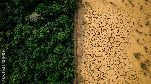 a contrast between a lush green forest and a dry, cracked desert on the same landscape, symbolizing the drastic effects of climate change on natural environments