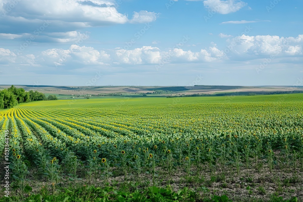 A vast field of sunflowers growing in rows under a blue sky with white clouds A vast field of sunflowers growing in rows under a blue sky with white clouds