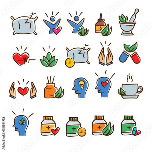 Wellness and healthy lifestyle hand drawn colorful icon set collection . Doodle illustration icon including spa, mental health, therapy,  healthcare, fitness, massage, yoga, relaxation, suplements.