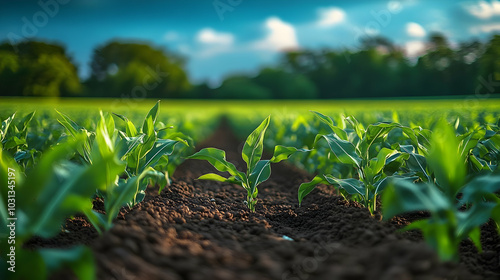 Lush green cornfield with y...