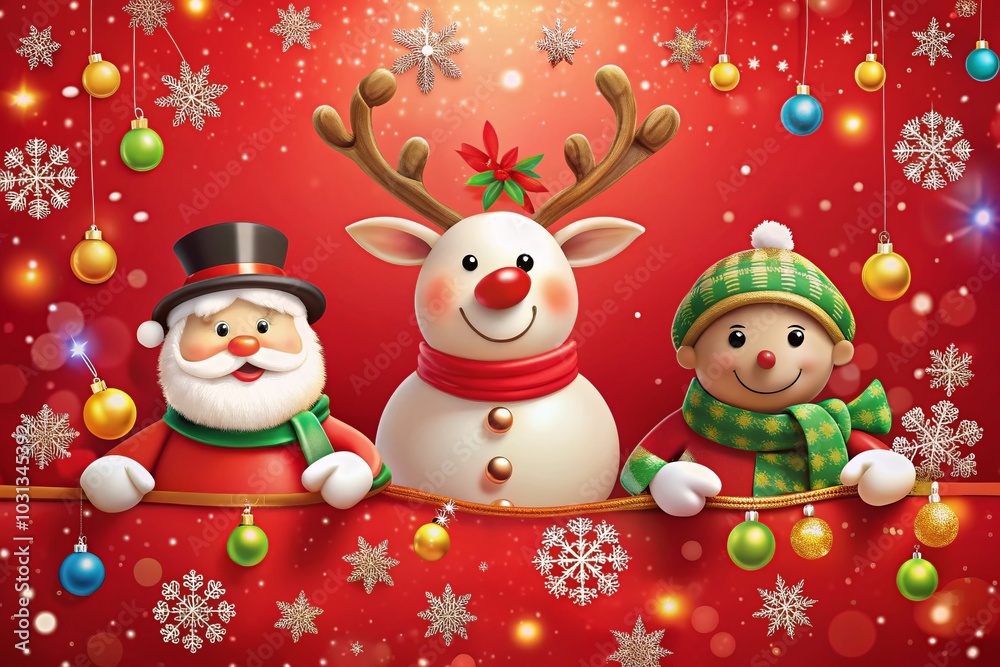 Cute Christmas Banner Featuring Santa, Reindeer, and Snowman on a Vibrant Red Background - Holiday Decorations