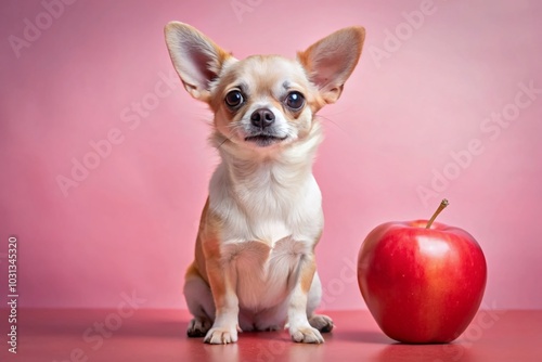 Cute Chihuahua with Red Apple on Pink Background - Adorable Pet Photography