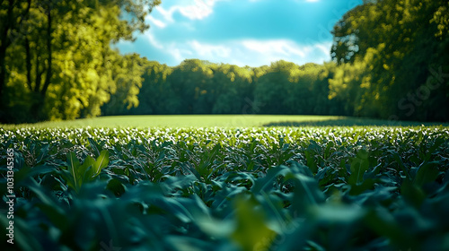 Lush green field under a bl...