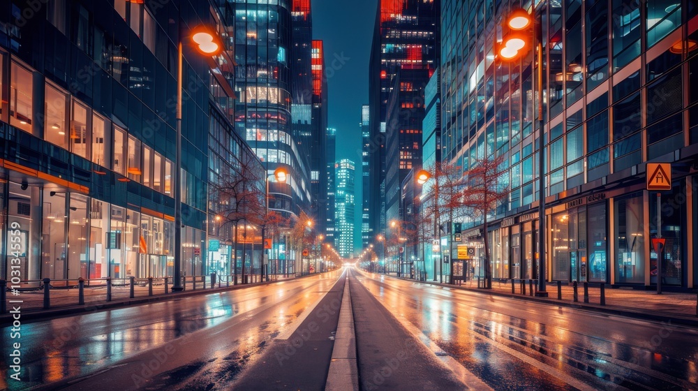 A city street at night with tall buildings and street lights. The street is wet from rain and the lights reflect off the wet pavement A city street at night with tall buildings and street lights. The street is wet from rain and the lights reflect off the wet pavement