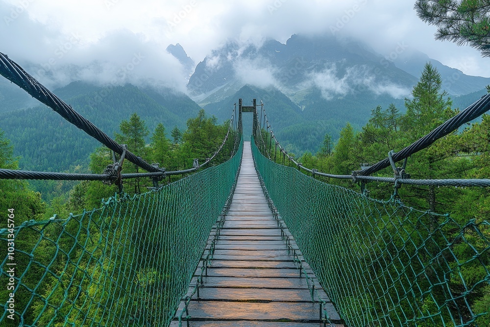 Obraz premium Stone arch bridge against a mountain backdrop. This photo is perfect for travel, nature, and architecture projects.