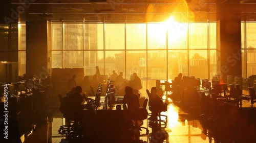 Early morning sunlight fills a busy corporate office, with employees engaged in various activities at their desks