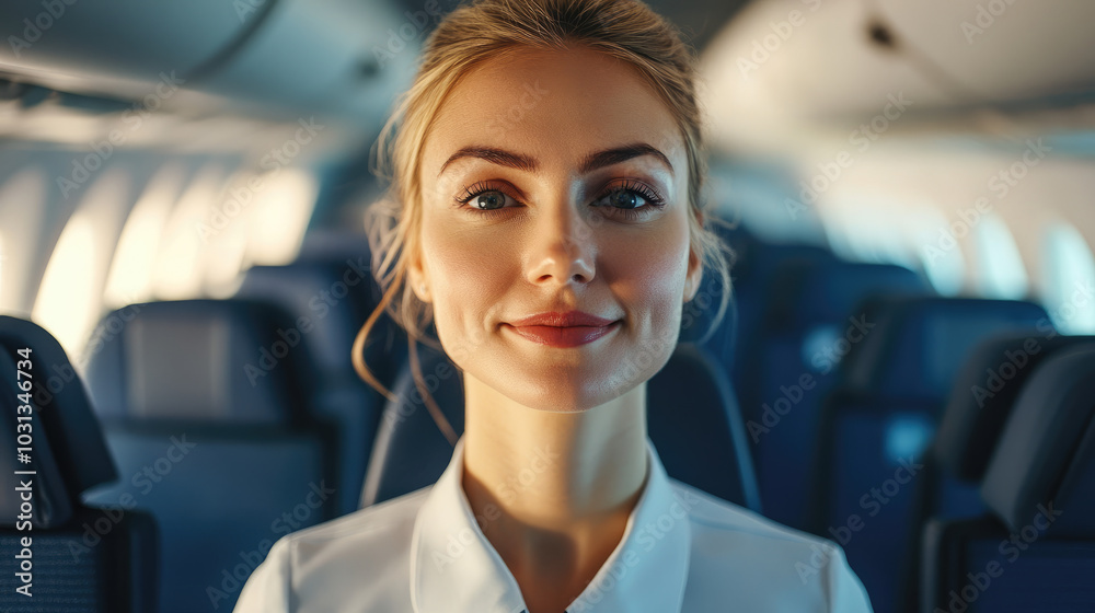 young caucasian woman with blonde hair tied back wearing flight attendant uniform standing in the middle of the first class cabin of an airplane young caucasian woman with blonde hair tied back wearing flight attendant uniform standing in the middle of the first class cabin of an airplane