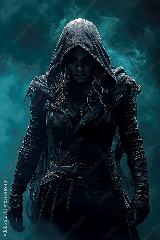 A cloaked figure shrouded in darkness appears against a foggy background, creating an atmosphere of intrigue and suspense in a mystical setting.