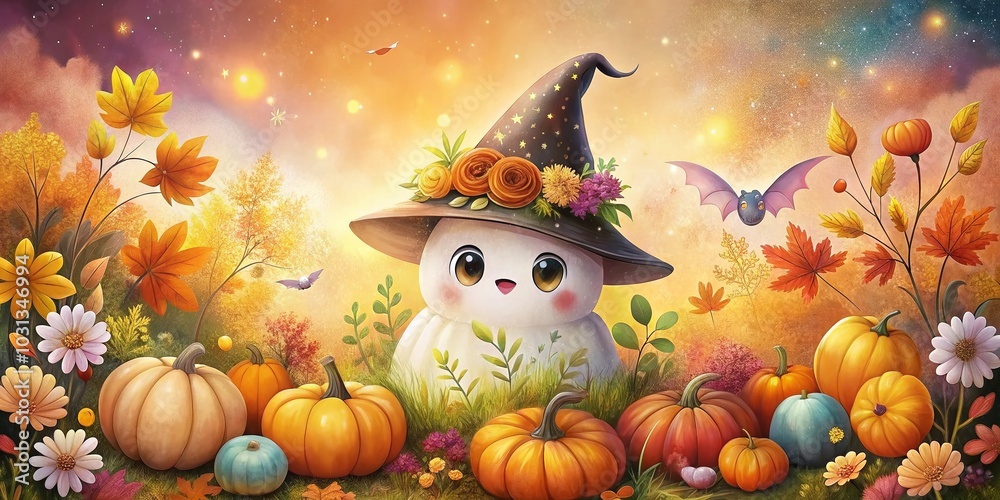 Fototapeta premium Cute Ghost in Witch Hat Surrounded by Autumn Flowers and Pumpkins - Spooky Halloween Illustration