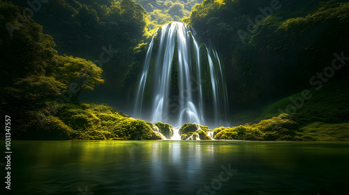 Serene waterfall cascading ...